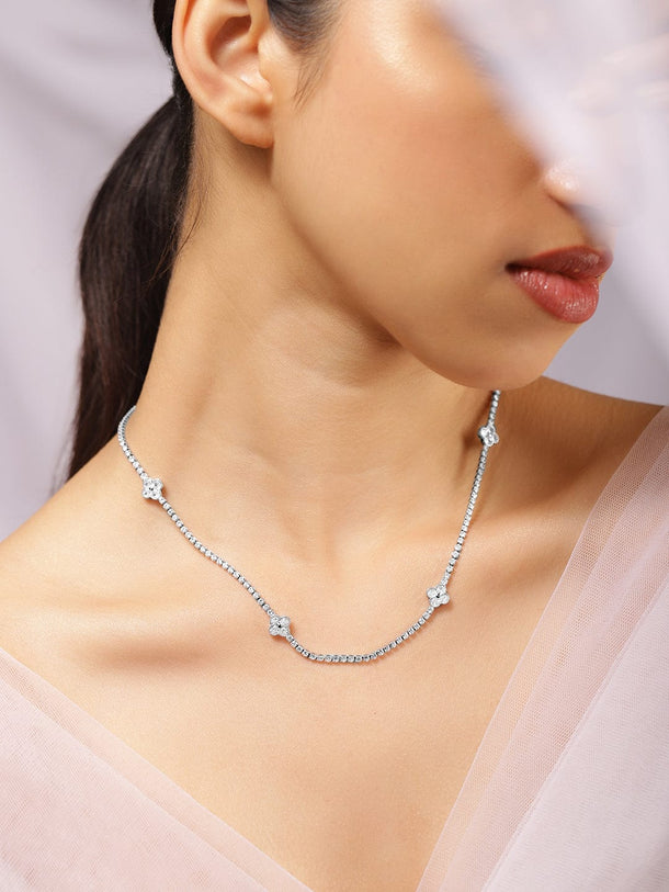 Rubans Rhodium Plated Crystal Cubic Zirconia Studded Floral Motif Luxe Tennis Necklace Necklace and Chains