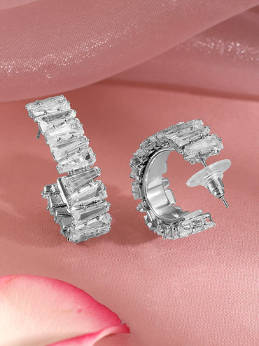 Rubans Rhodium Plated Crystal Cubic Zirconia Studded Hoop Earrings Earrings