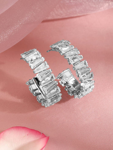 Rubans Rhodium Plated Crystal Cubic Zirconia Studded Hoop Earrings Earrings