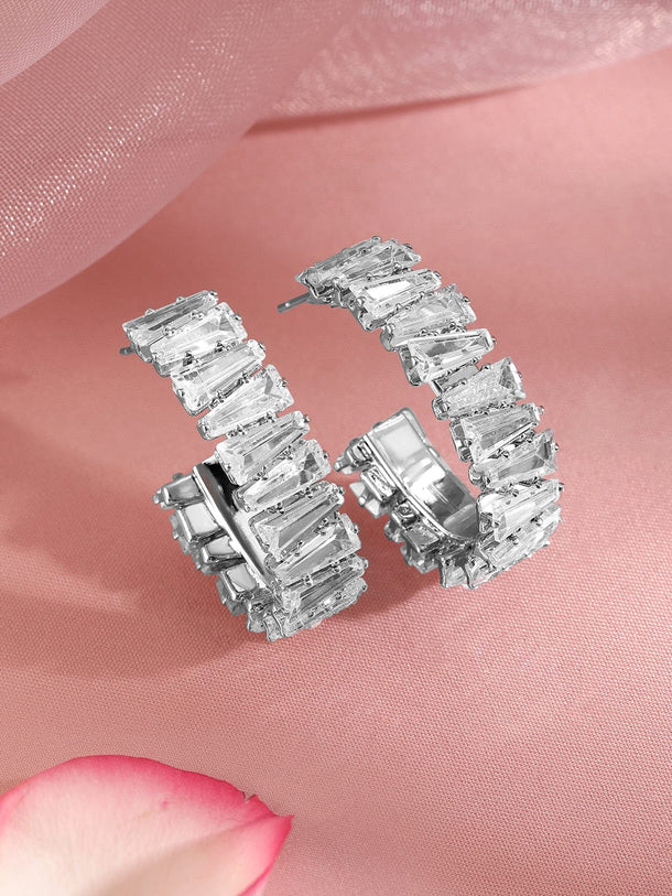 Rubans Rhodium Plated Crystal Cubic Zirconia Studded Hoop Earrings Earrings