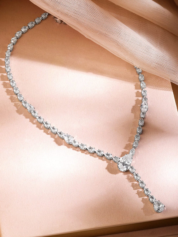 Rubans Rhodium-Plated Crystal Cubic Zirconia Studded Pear Drop Statement Necklace Necklace & Chains