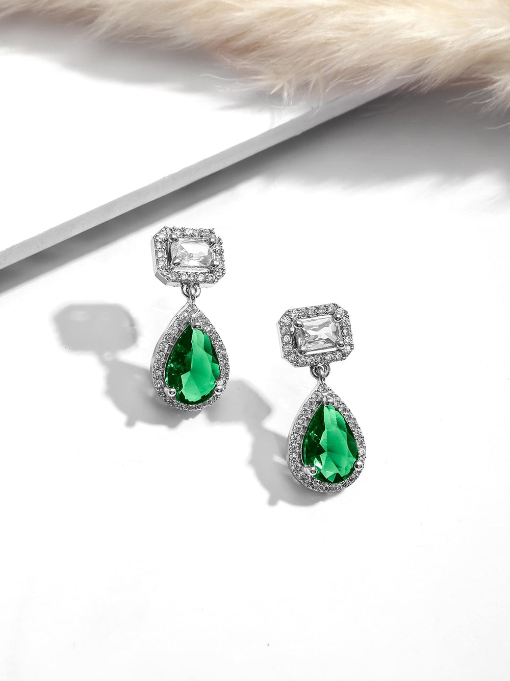 Rubans Rhodium Plated Crystal Emerald & Cubic Zirconia Studded Drop Earrings Earrings