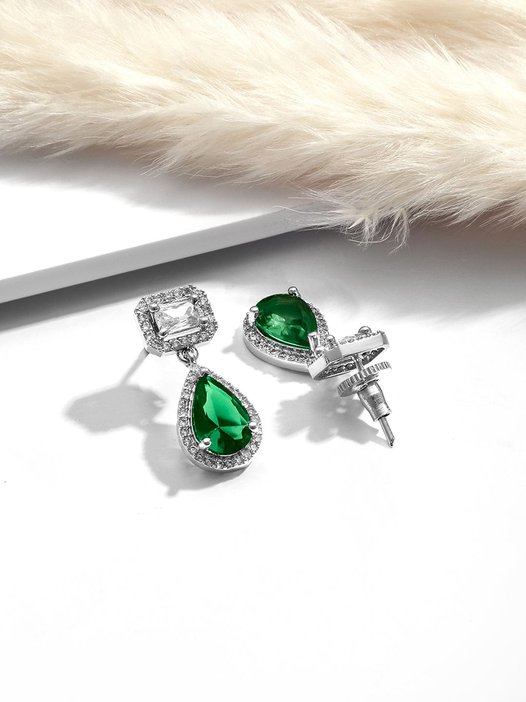 Rubans Rhodium Plated Crystal Emerald & Cubic Zirconia Studded Drop Earrings Earrings