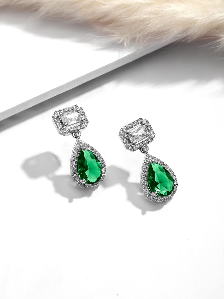 Rubans Rhodium Plated Crystal Emerald & Cubic Zirconia Studded Drop Earrings Earrings