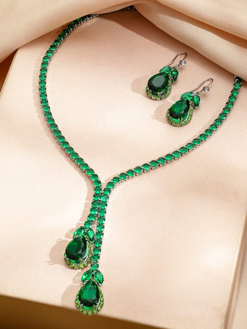 Rubans Rhodium-Plated Crystal Emerald Green Stone & Cubic Zirconia Studded Statement Necklace Set Jewellery Set