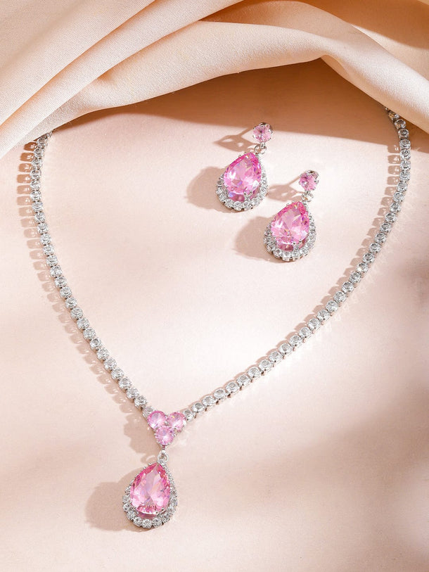 Rubans Rhodium-Plated Crystal Pastel Pink Stone & Cubic Zirconia Studded Necklace Set Necklace Set