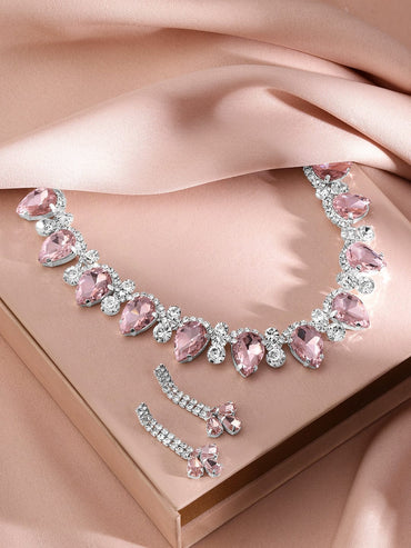 Rubans Rhodium-Plated Crystal Pink AD & Cubic Zirconia Studded Glamorous Necklace Set Jewellery Set
