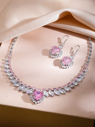 Rubans Rhodium-Plated Crystal Pink & Cubic Zirconia Studded Heart Designer Necklace Set Necklaces, Necklace Sets, Chains & Mangalsutra