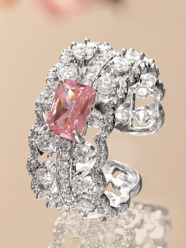 Rubans Rhodium-Plated Crystal Pink Stone & Cubic Zirconia Statement Adjustable Ring Rings