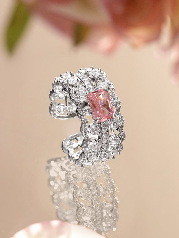 Rubans Rhodium-Plated Crystal Pink Stone & Cubic Zirconia Statement Adjustable Ring Rings