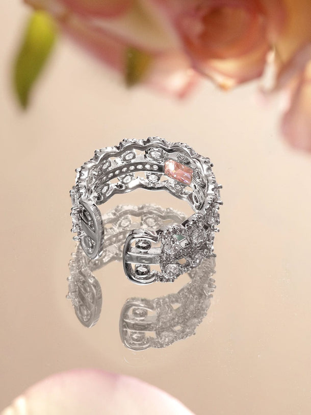Rubans Rhodium-Plated Crystal Pink Stone & Cubic Zirconia Statement Adjustable Ring Rings