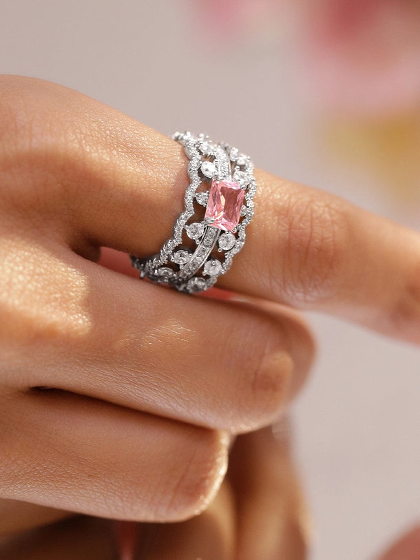 Rubans Rhodium-Plated Crystal Pink Stone & Cubic Zirconia Statement Adjustable Ring Rings