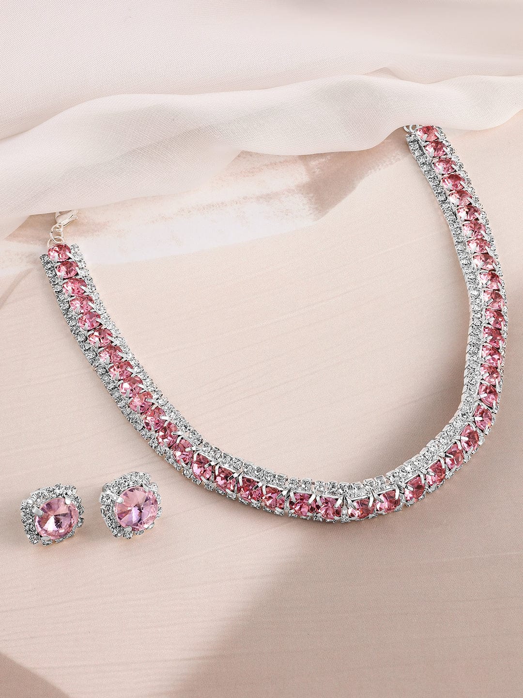 Rubans Rhodium Plated Crystal Pink & White Cubic Zirconia Studded Choker Necklace Set Jewellery Set
