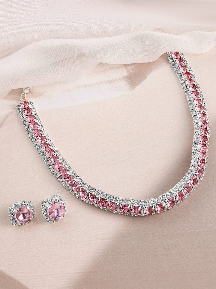 Rubans Rhodium Plated Crystal Pink & White Cubic Zirconia Studded Choker Necklace Set Jewellery Set