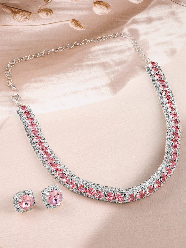 Rubans Rhodium Plated Crystal Pink & White Cubic Zirconia Studded Choker Necklace Set Necklace Set