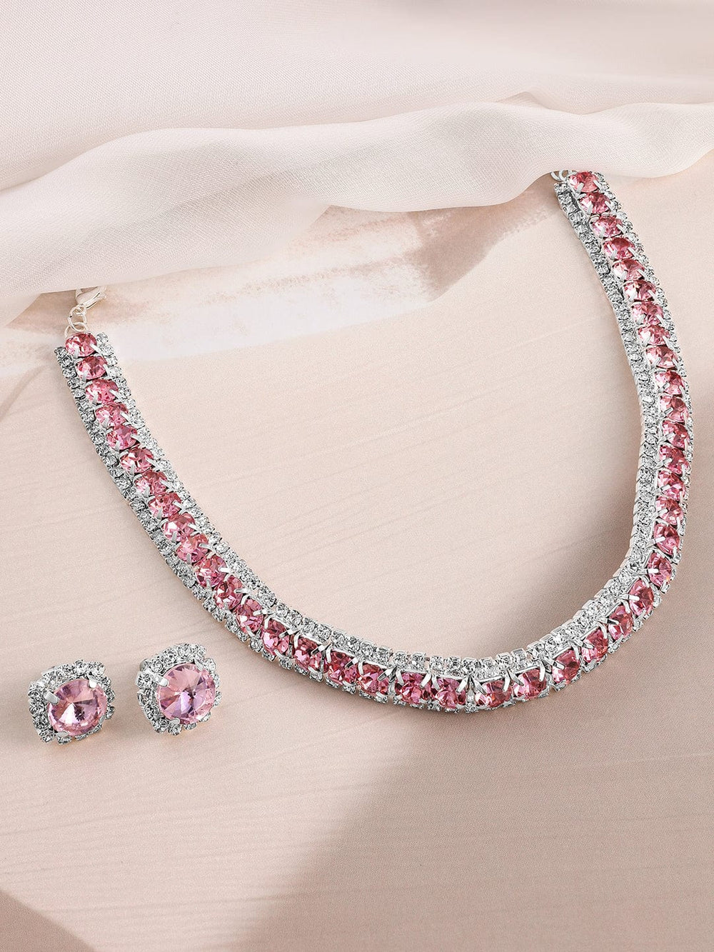 Rubans Rhodium Plated Crystal Pink & White Cubic Zirconia Studded Choker Necklace Set Necklace Set