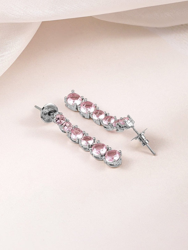 Rubans Rhodium-Plated Crystal Pink Zirconia Studded Necklace and Earrings Set Jewellery Set