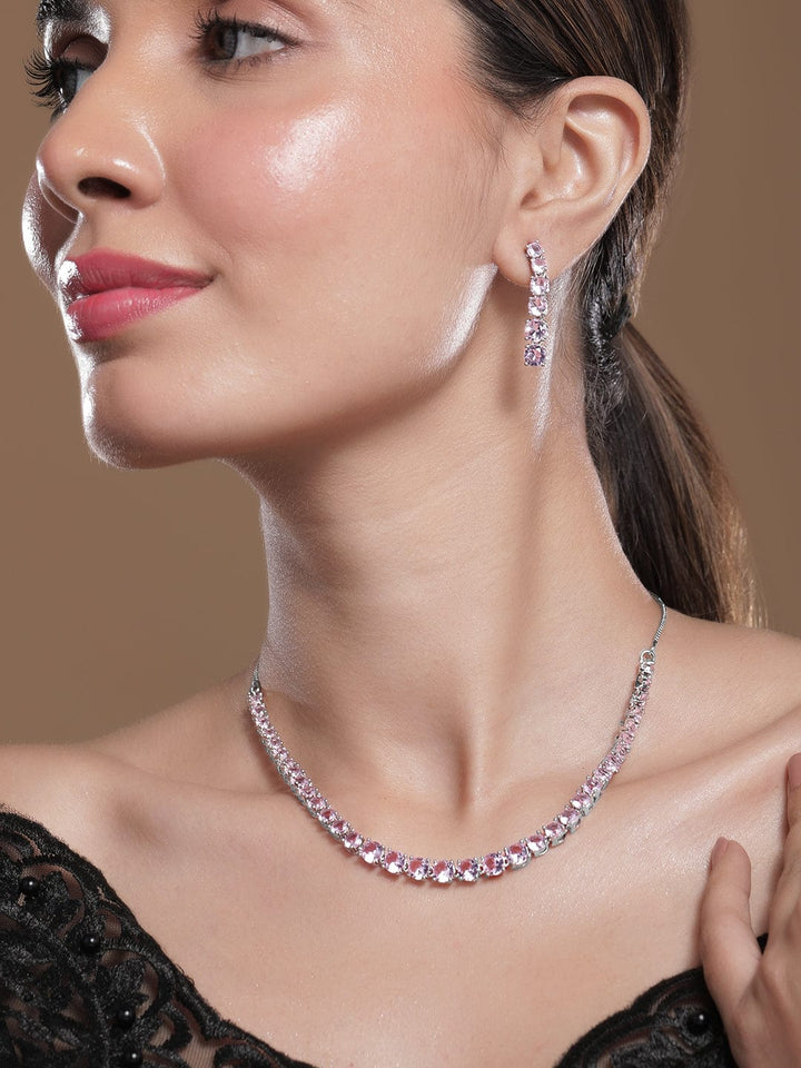 Rubans Rhodium-Plated Crystal Pink Zirconia Studded Necklace and Earrings Set Jewellery Set