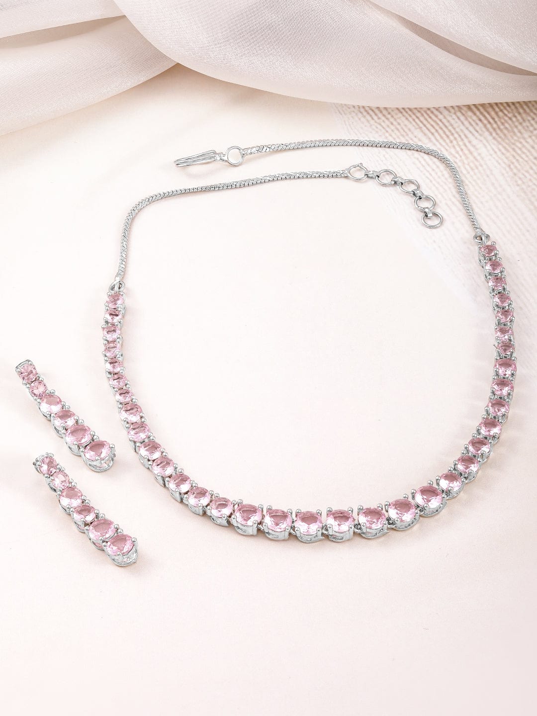 Rubans Rhodium-Plated Crystal Pink Zirconia Studded Necklace and Earrings Set Jewellery Set