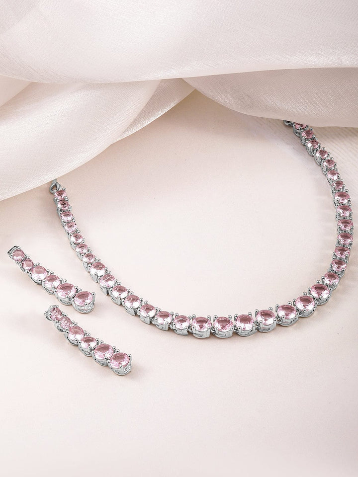 Rubans Rhodium-Plated Crystal Pink Zirconia Studded Necklace and Earrings Set Jewellery Set