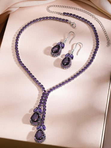Rubans Rhodium-Plated Crystal Purple Stone & Cubic Zirconia Studded Statement Necklace Set Jewellery Set