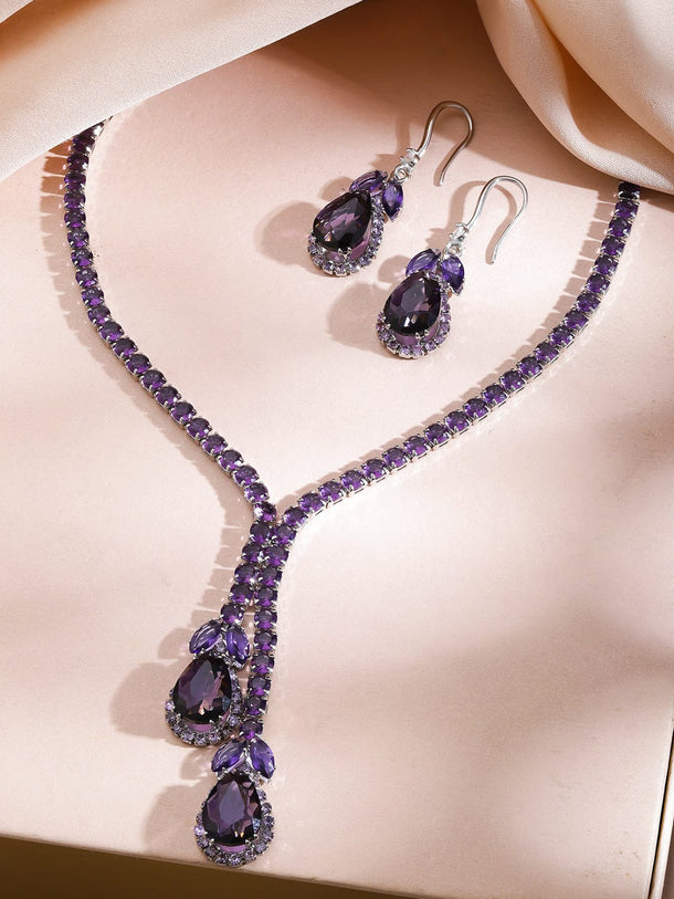 Rubans Rhodium-Plated Crystal Purple Stone & Cubic Zirconia Studded Statement Necklace Set Jewellery Set