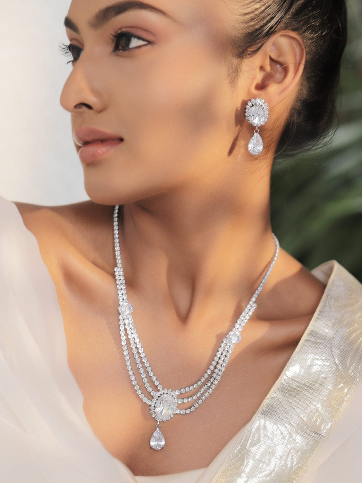 Rubans Rhodium-Plated Crystal Stone & Cubic Zirconia Multilayer Glamorous Statement Necklace Set Necklace Set
