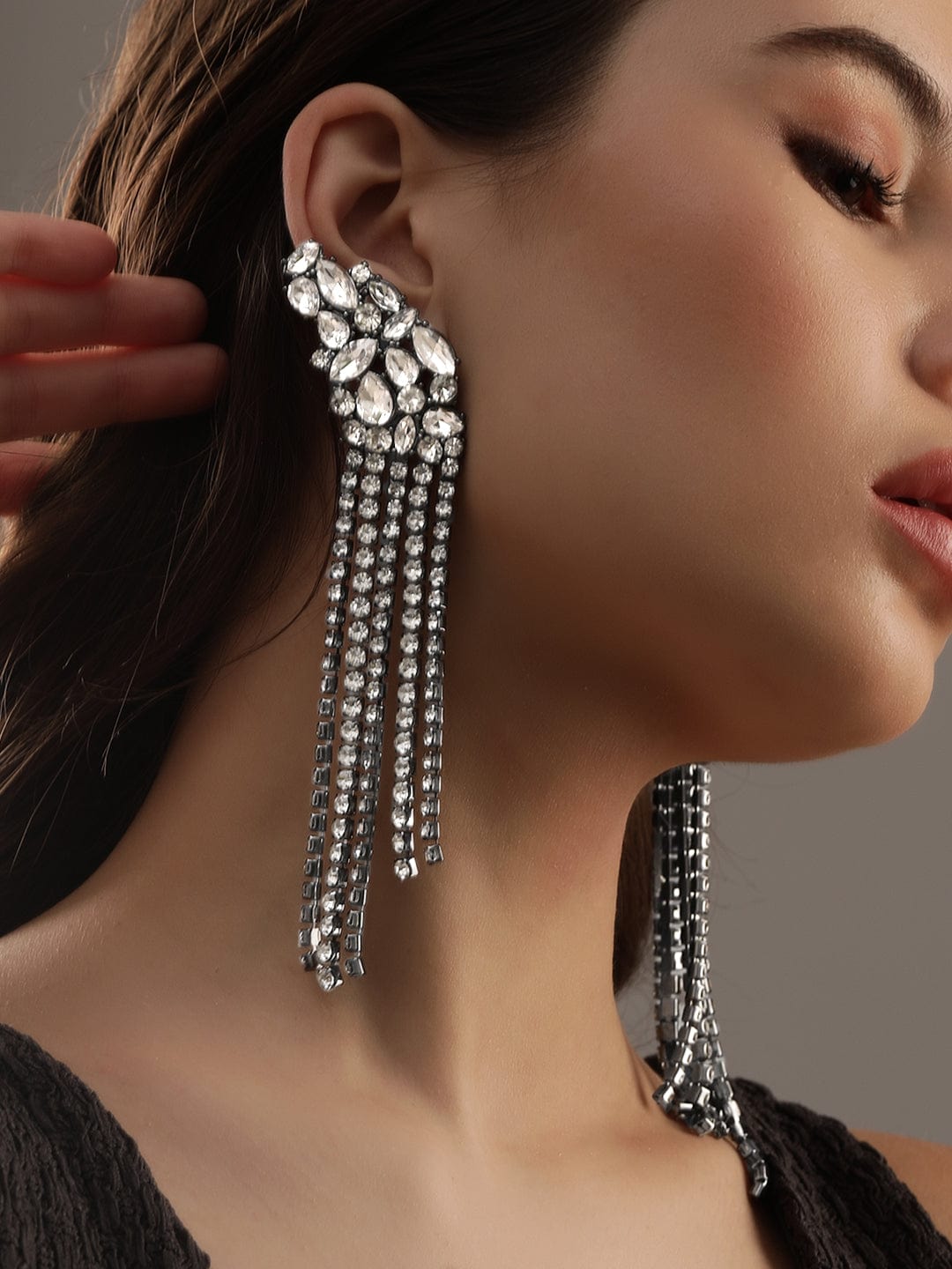 Rubans Rhodium plated crystal studded Mesmerizing shoulder duster statement Earrings Earrings