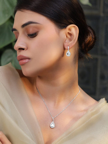 Rubans Rhodium-Plated Crystal Tear Drop Pendant Necklace and Earrings Set Jewellery Set