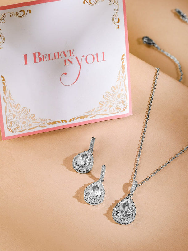 Rubans Rhodium-Plated Crystal Tear Drop Pendant Necklace and Earrings Set Necklace set