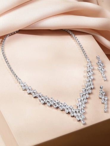 Rubans Rhodium-Plated Crystal White AD & Cubic Zirconia V-Shaped Necklace Set Jewellery Set