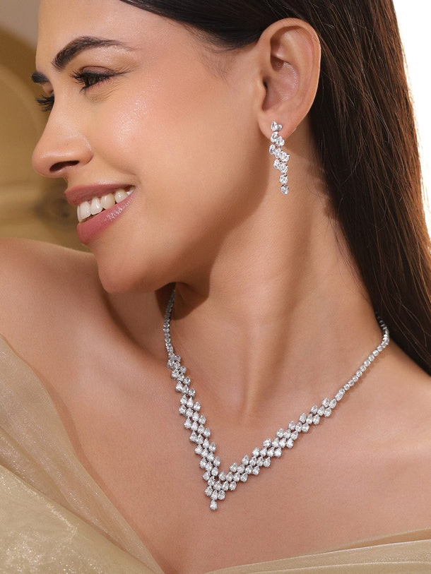 Rubans Rhodium-Plated Crystal White AD & Cubic Zirconia V-Shaped Necklace Set Jewellery Set