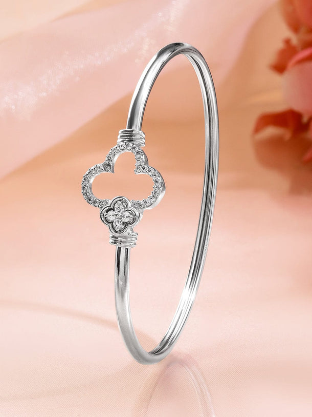 Rubans Rhodium-Plated Crystal Zirconia Studded Clover Motif Sleek Bracelet Bangles & Bracelets