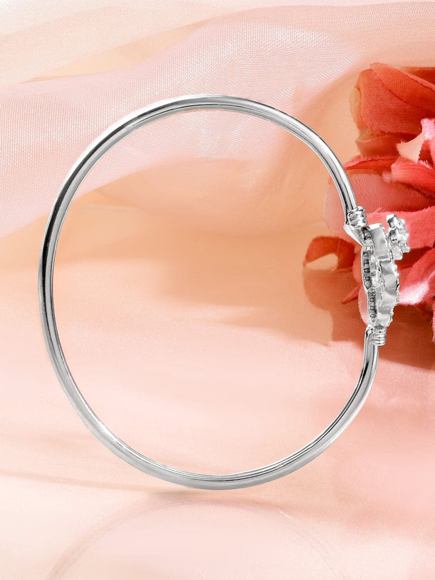 Rubans Rhodium-Plated Crystal Zirconia Studded Clover Motif Sleek Bracelet Wristwear