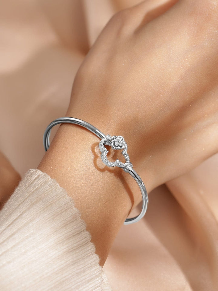 Rubans Rhodium-Plated Crystal Zirconia Studded Clover Motif Sleek Bracelet Wristwear
