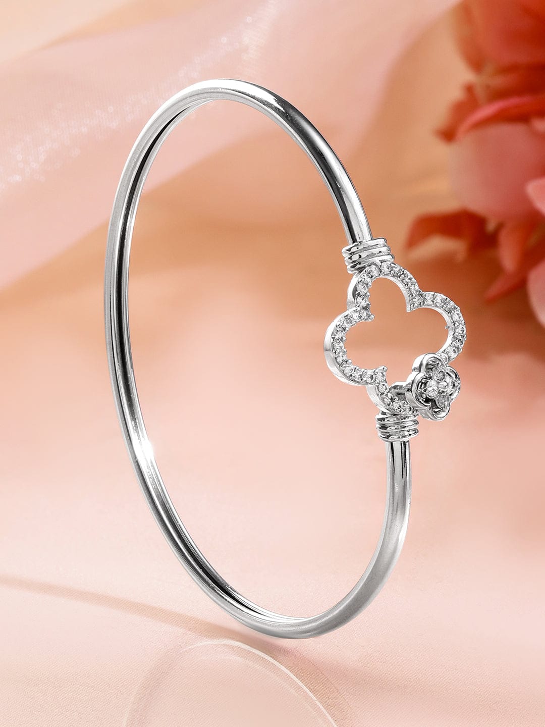 Rubans Rhodium-Plated Crystal Zirconia Studded Clover Motif Sleek Bracelet Wristwear