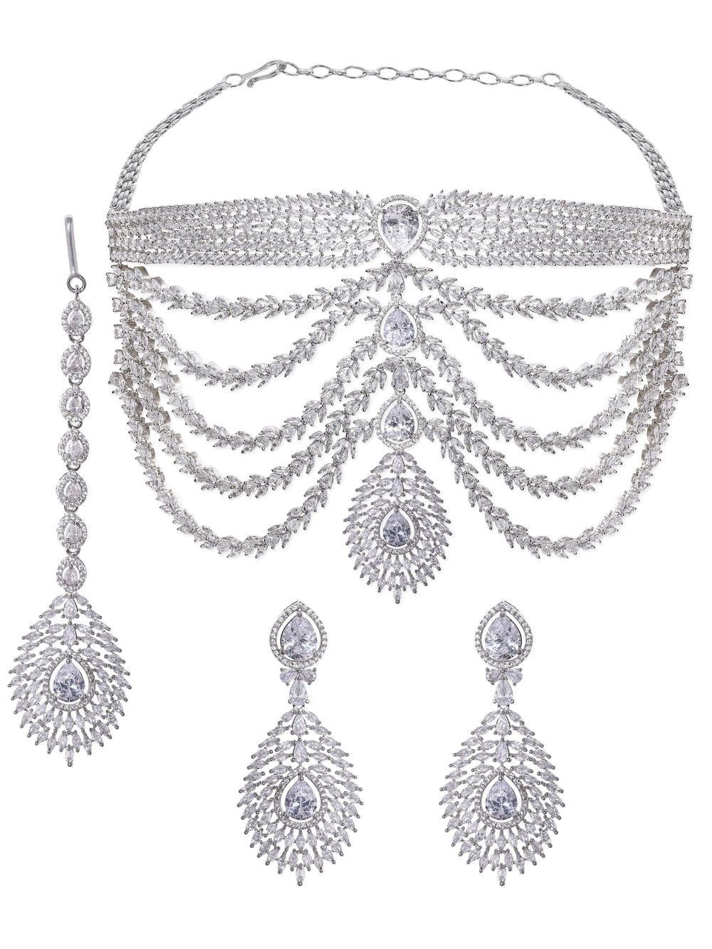 Rubans Rhodium-Plated Crystal zirconia studded Multilayered Lux Statement Choker Necklace Set Jewellery Sets