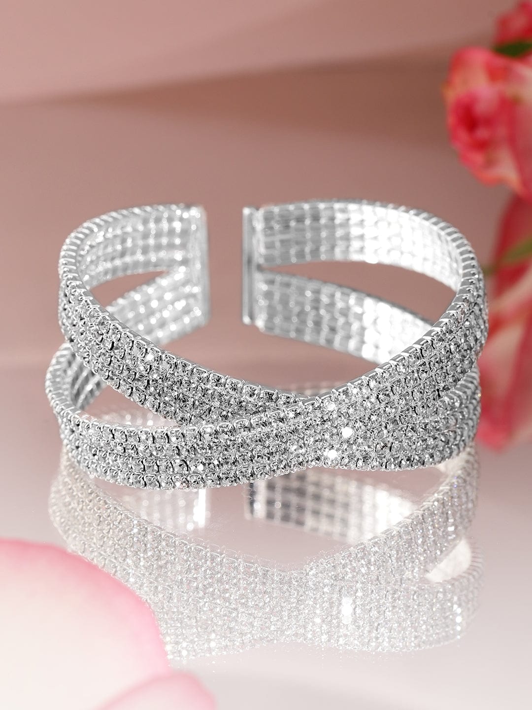 Rubans Rhodium-Plated Crystals Stone Studded Cuff Bracelet Bracelet