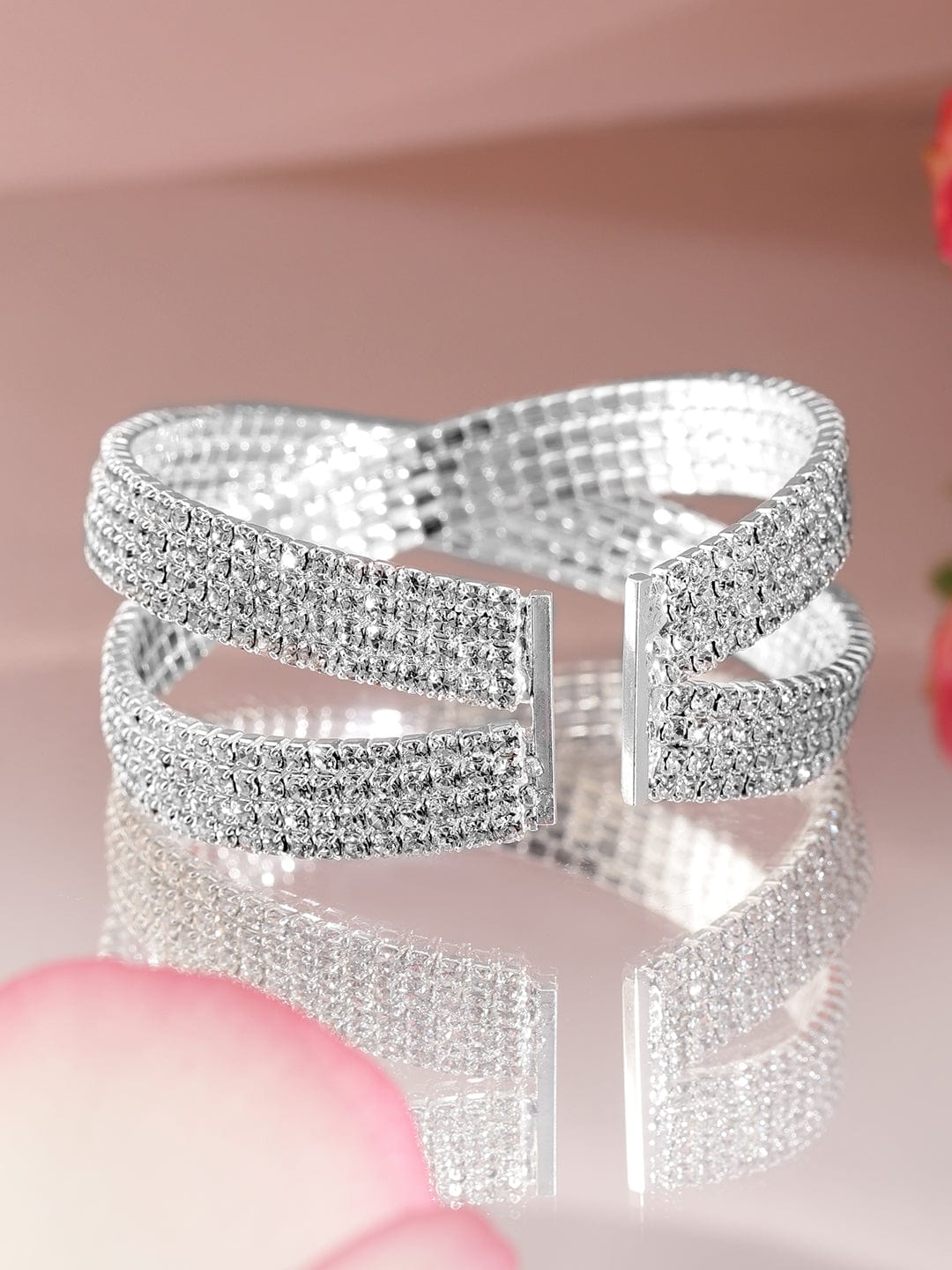 Rubans Rhodium-Plated Crystals Stone Studded Cuff Bracelet Bracelet