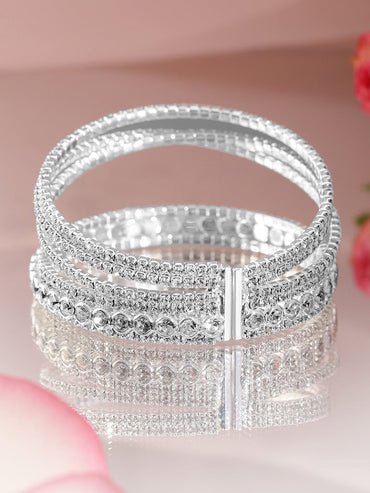 Rubans Rhodium-Plated Crystals Stone Studded Cuff Bracelet Wristwear