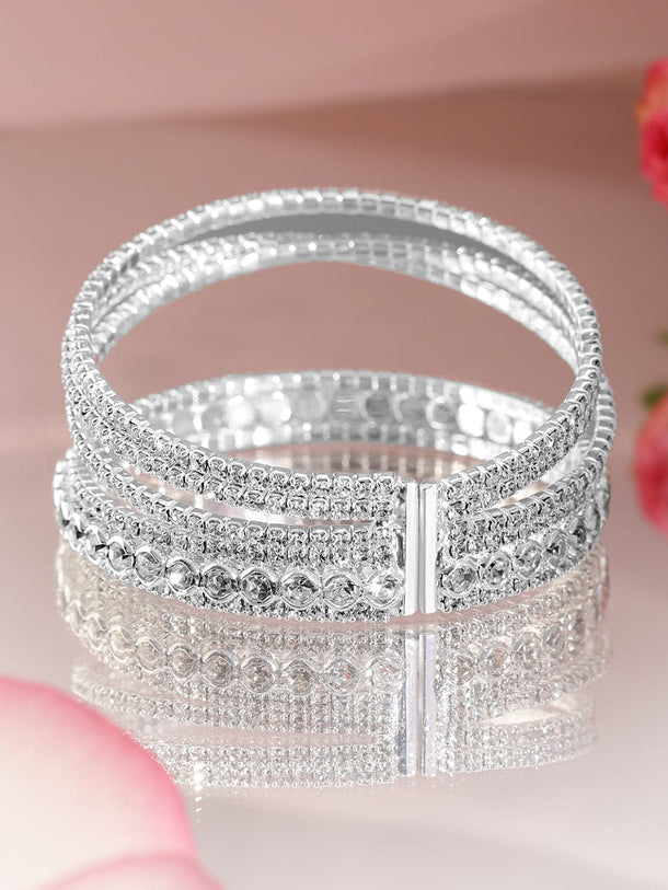 Rubans Rhodium-Plated Crystals Stone Studded Cuff Bracelet Wristwear