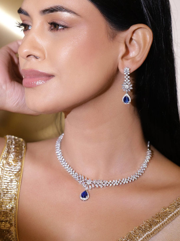 Rubans Rhodium-Plated Cubic Zirconia & Blue AD Stones Studded Drop Necklace Set Jewellery Set