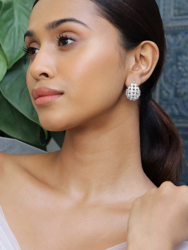 Rubans Rhodium-Plated Cubic Zirconia Cluster Design Statement Hoop Earrings Earrings