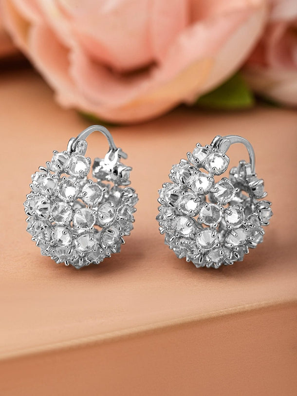Rubans Rhodium-Plated Cubic Zirconia Cluster Design Statement Hoop Earrings Earrings