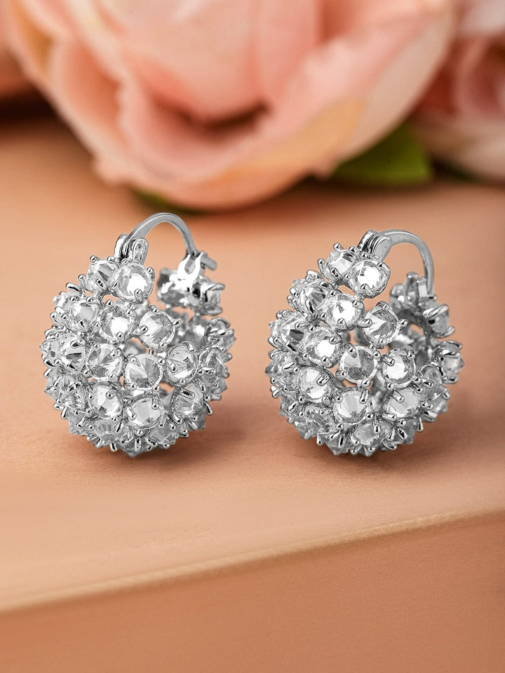 Rubans Rhodium-Plated Cubic Zirconia Cluster Design Statement Hoop Earrings Earrings