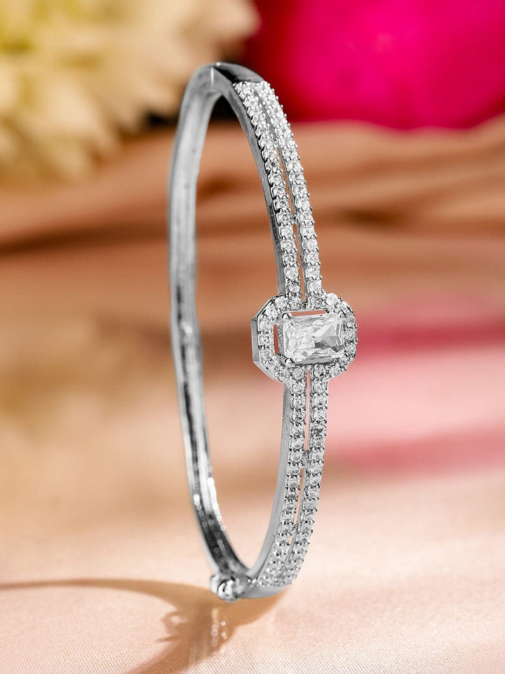 Rubans Rhodium-Plated Cubic Zirconia Dual Band Openable Bracelet â€“ Statement Jewelry Wristwear