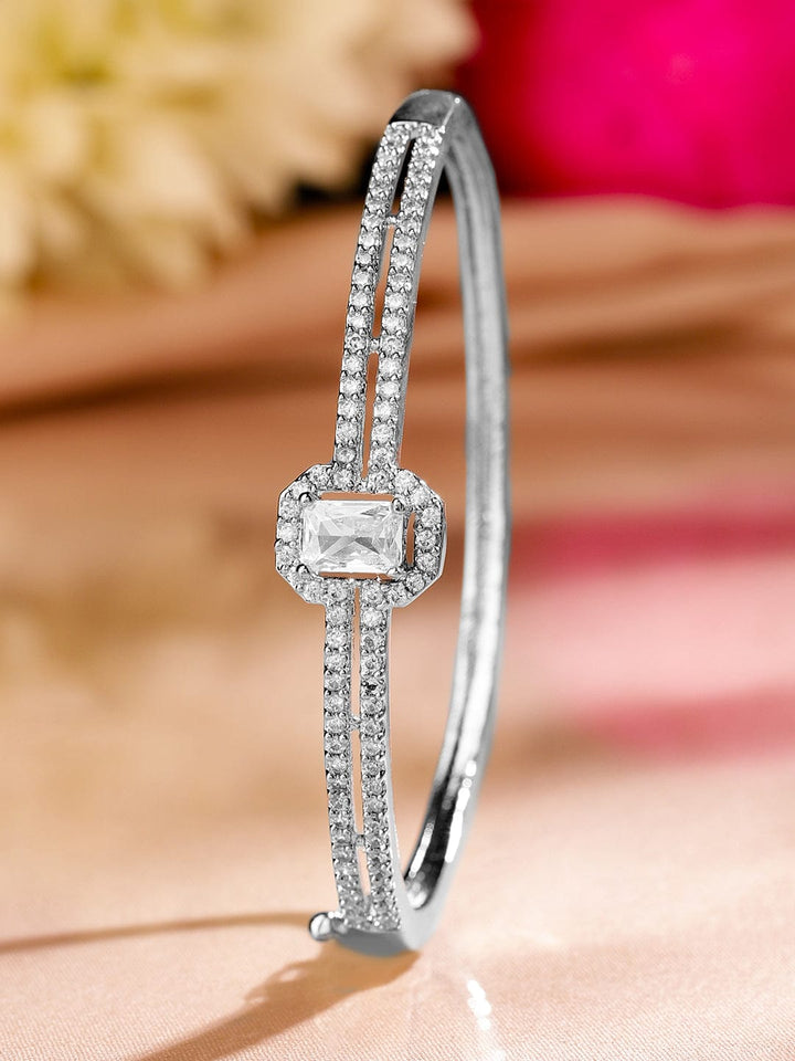 Rubans Rhodium-Plated Cubic Zirconia Dual Band Openable Bracelet â€“ Statement Jewelry Wristwear