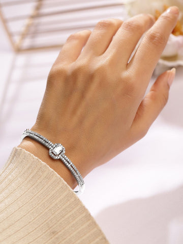 Rubans Rhodium-Plated Cubic Zirconia Dual Band Openable Bracelet â€“ Statement Jewelry Bangles & Bracelet