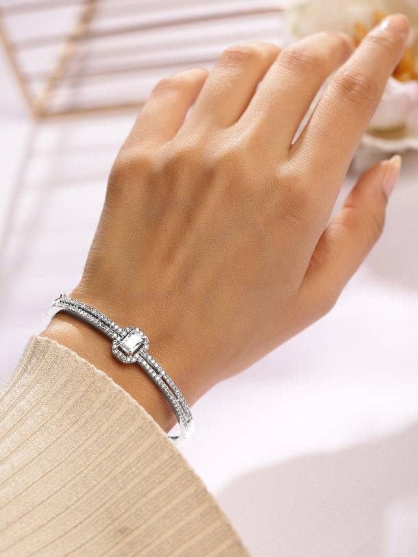 Rubans Rhodium-Plated Cubic Zirconia Dual Band Openable Bracelet â€“ Statement Jewelry Bangles & Bracelet