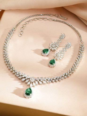 Rubans Rhodium-Plated Cubic Zirconia & Emerald Green Stone Studded Drop Necklace Set Jewellery Set